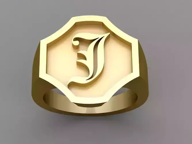 J Letter Solid Gold Signet Ring Monogram Men Ring 3D print model