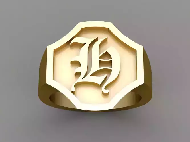 H Letter Solid Gold Signet Ring Monogram Men Ring 3D print model