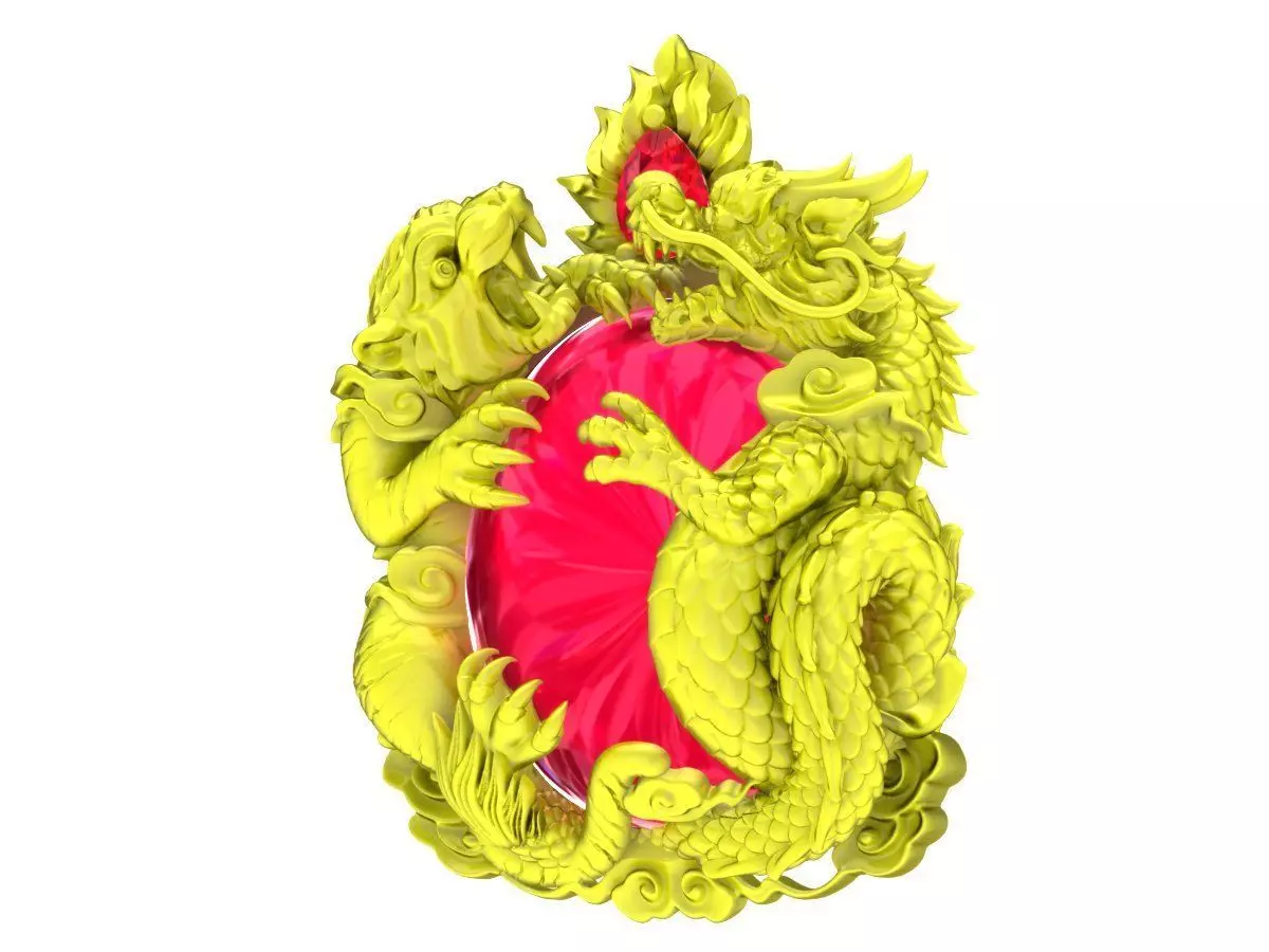 A7628 Oval Ruby Crouching Tiger Dragon Pendant 3D Print 3D print model