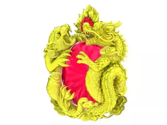 A7628 Oval Ruby Crouching Tiger Dragon Pendant 3D Print