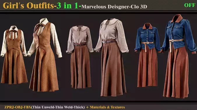 3 in 1 Girls Outfits-MD-Clo3d -OBJ - FBX -Materials-Textures 