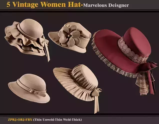 5 Vintage Women Hats-MD-CLo3D -ZPRJ - FBX - OBJ 