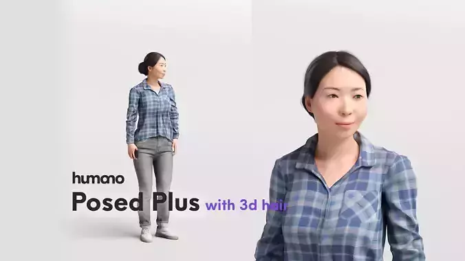 Humano standing and looking asian woman - with 3d hair -5324-D