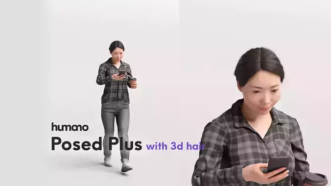 Humano standing looking phone asian woman - 3d hair -5324-C