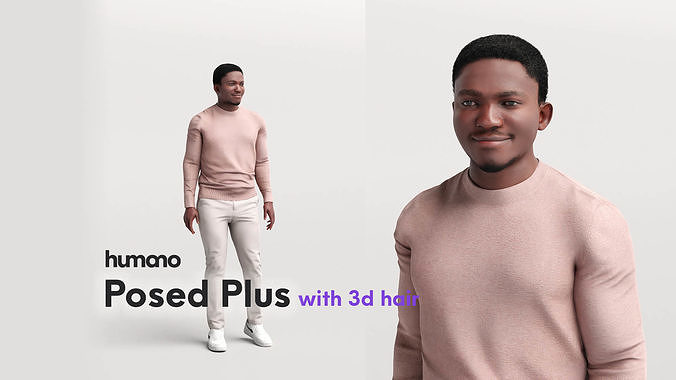 Humano standing black man - casual outfit - with 3d hair -4893-B 3D model
