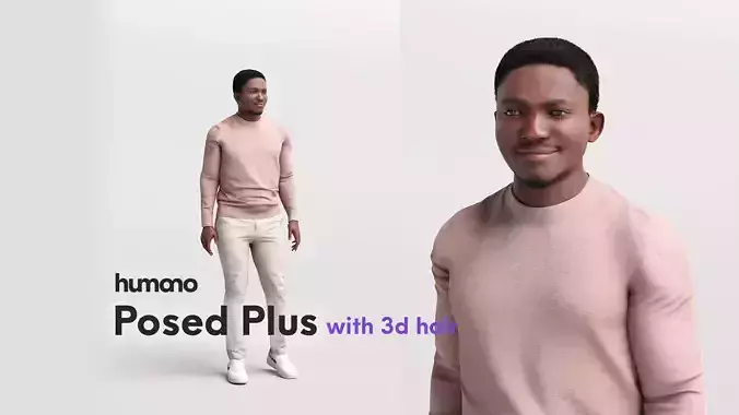 Humano standing black man - casual outfit - with 3d hair -4893-B