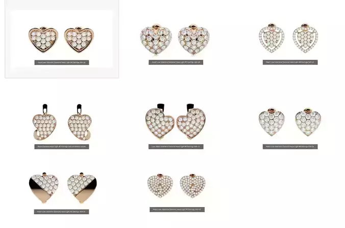 8 Love Heart Valentine Diamond Head Light Wt Earrings 3dm stl 3D Model Collection