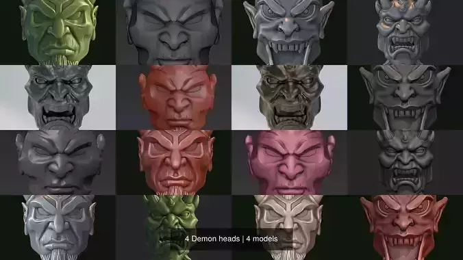 4 Demon heads 3D Model Collection