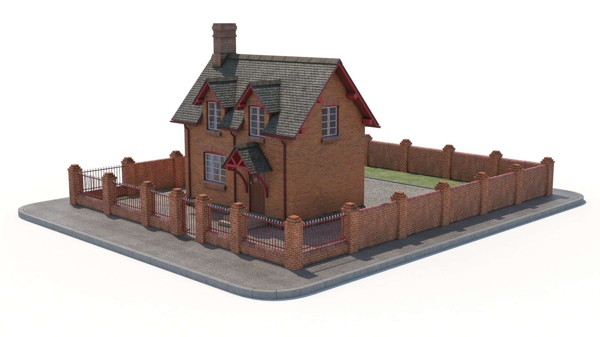 Small brick house Low-poly 3D model_8