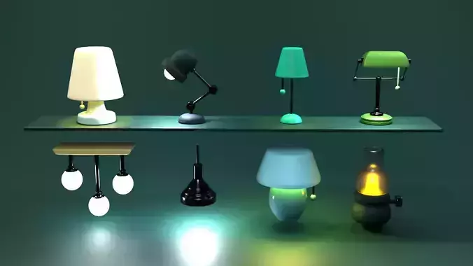 8 Stylized Low Poly Lamps Set