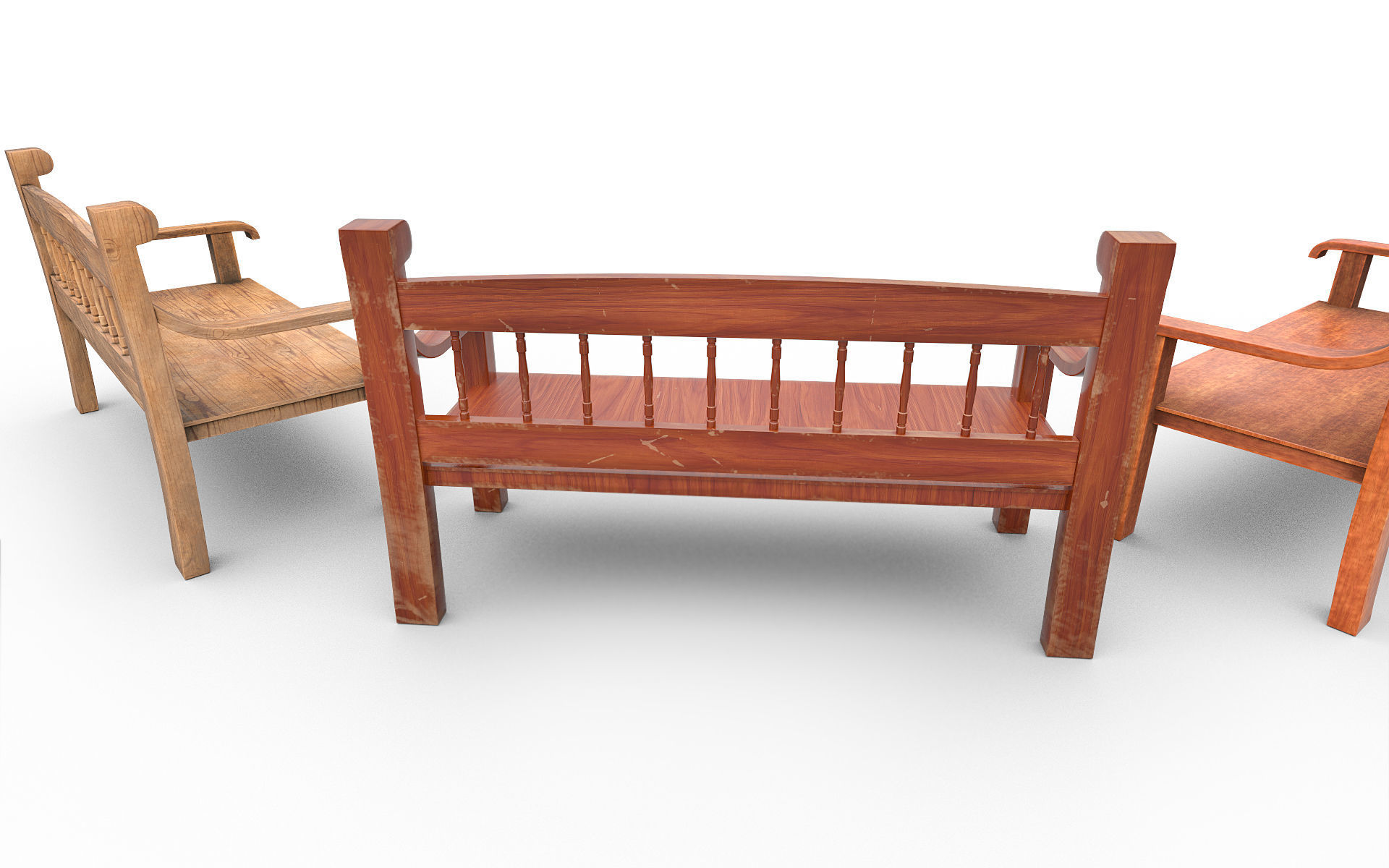 Wooden Bench v2 Low-poly 3D model_6
