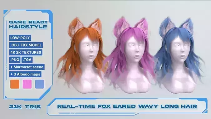 Realtime game ready women anime hairstyle long hair fox ears