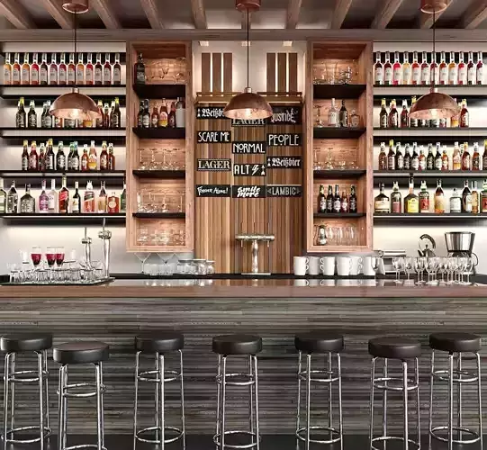 A large bar with alcohol and cocktails in ethnic style