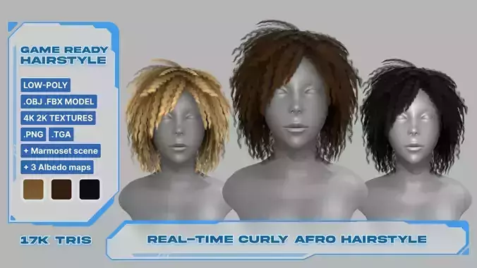Realtime game ready women hairstyle curly afro hair