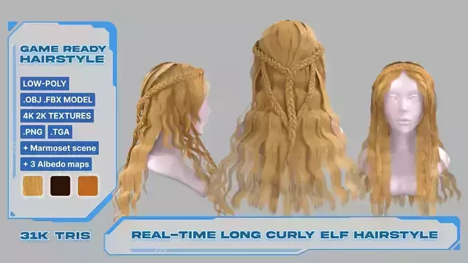 Realtime game ready women Elf hairstyle curly long hair braids