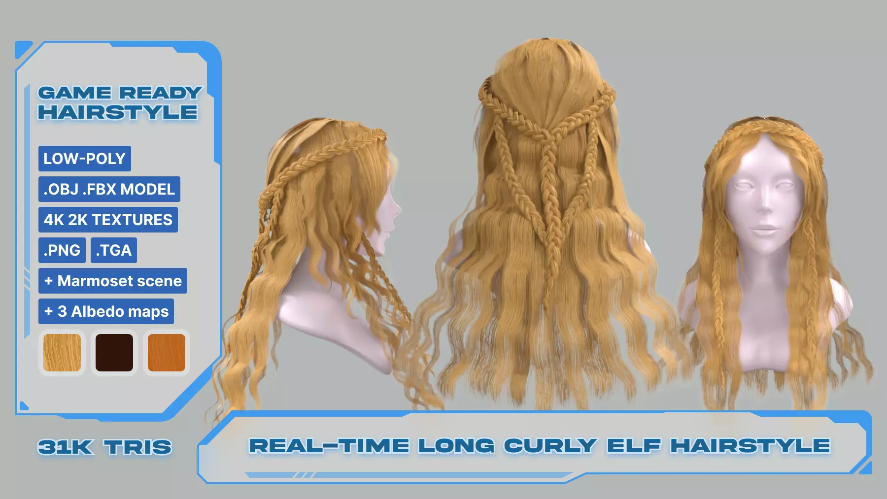 Realtime game ready women Elf hairstyle curly long hair braids Low-poly 3D model_0