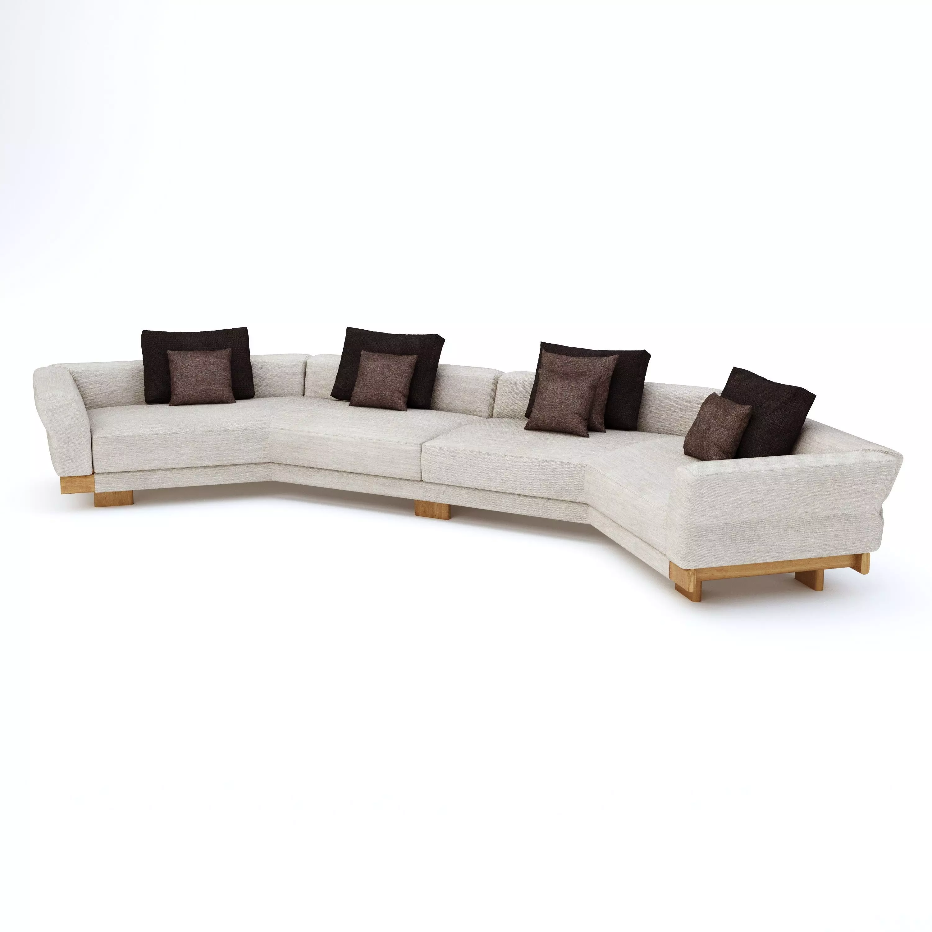 Geometric curved sofa with wooden base and cushions 3D model