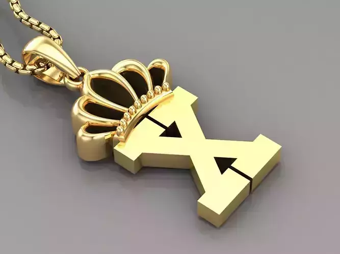 X Crown Letter Initial Pendant in 10kt Yellow Gold Cad Design