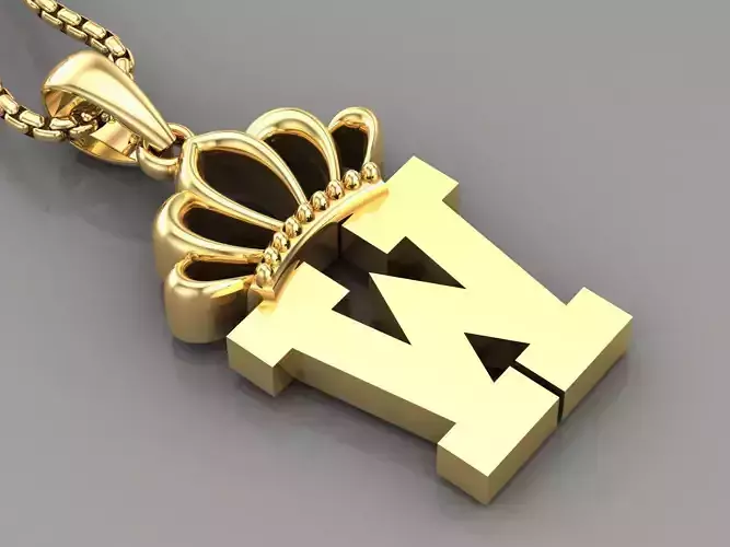 W Crown Letter Initial Pendant in 10kt Yellow Gold Cad Design