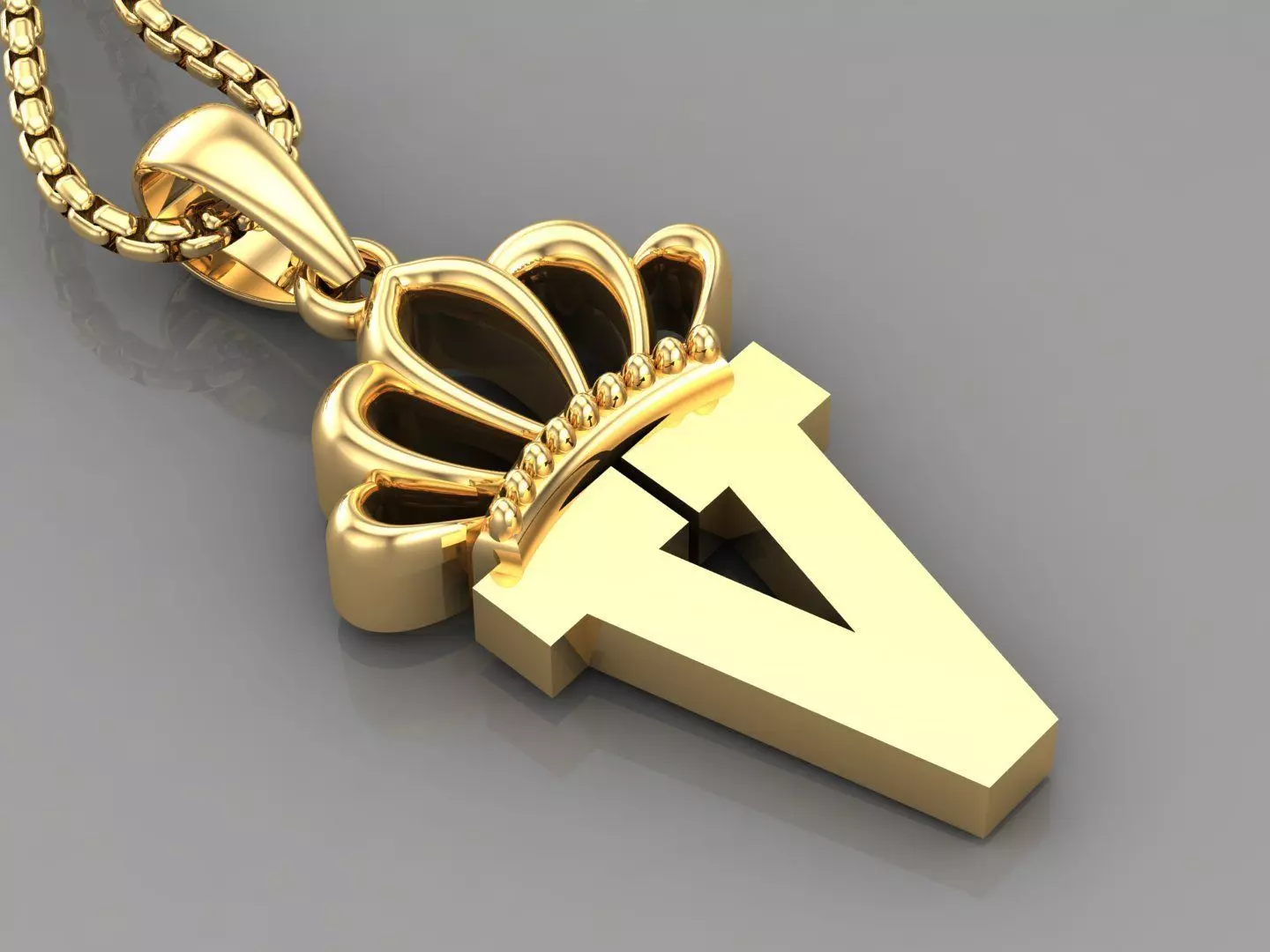 V Crown Letter Initial Pendant in 10kt Yellow Gold Cad Design 3D print model