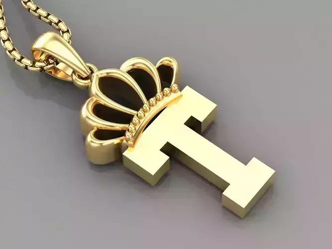 T Crown Letter Initial Pendant in 10kt Yellow Gold Cad Design 3D print model