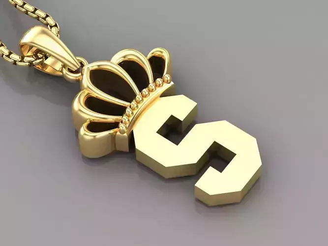 S Crown Letter Initial Pendant in 10kt Yellow Gold Cad Design 3D print model