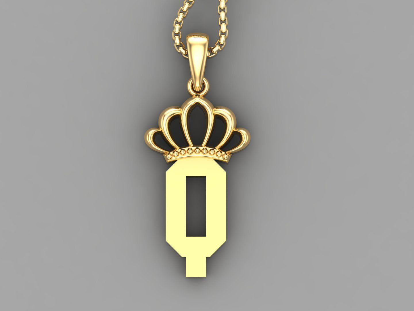 Q Crown Letter Initial Pendant in 10kt Yellow Gold Cad Design 3D print model_4