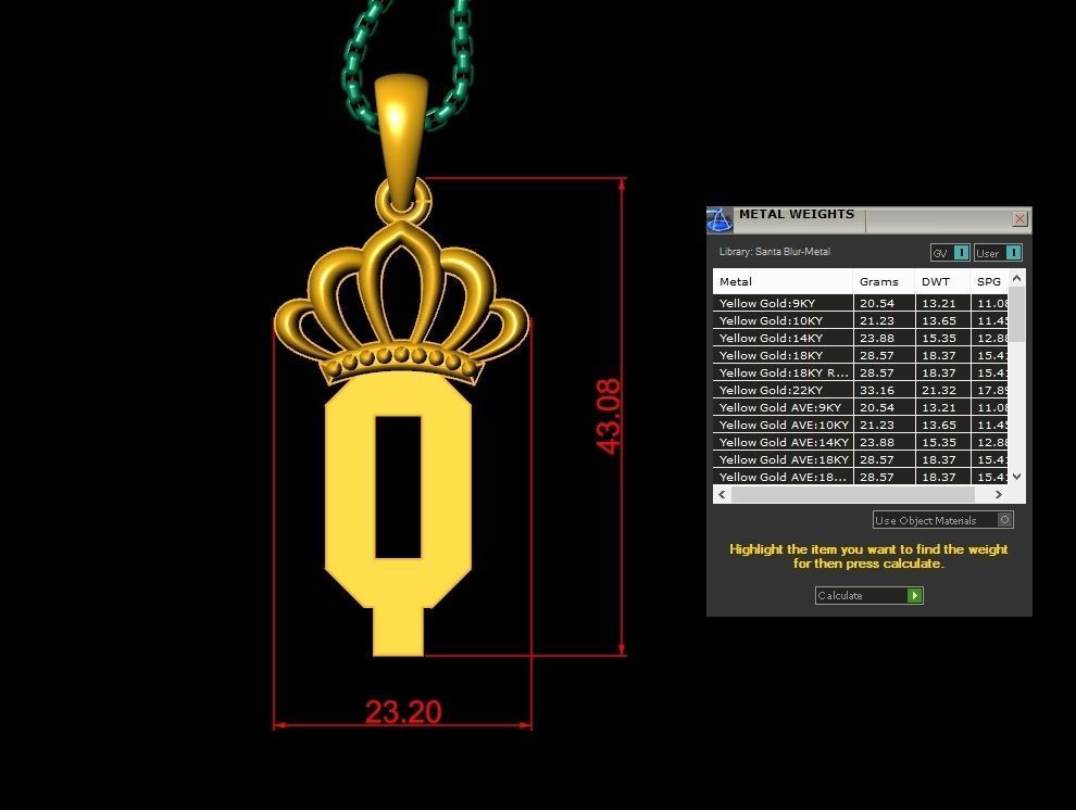 Q Crown Letter Initial Pendant in 10kt Yellow Gold Cad Design 3D print model_1