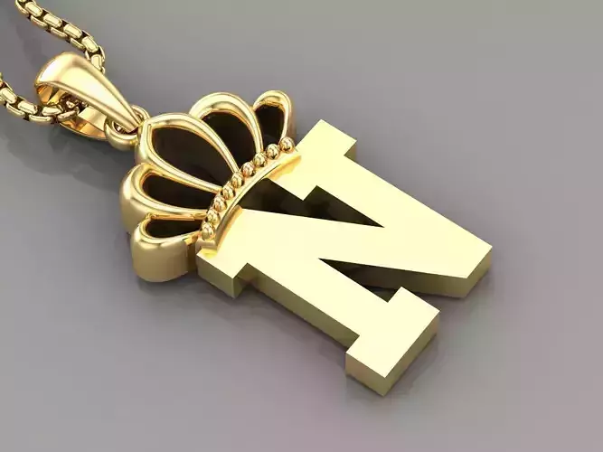 N Crown Letter Initial Pendant in 10kt Yellow Gold Cad Design 3D print model