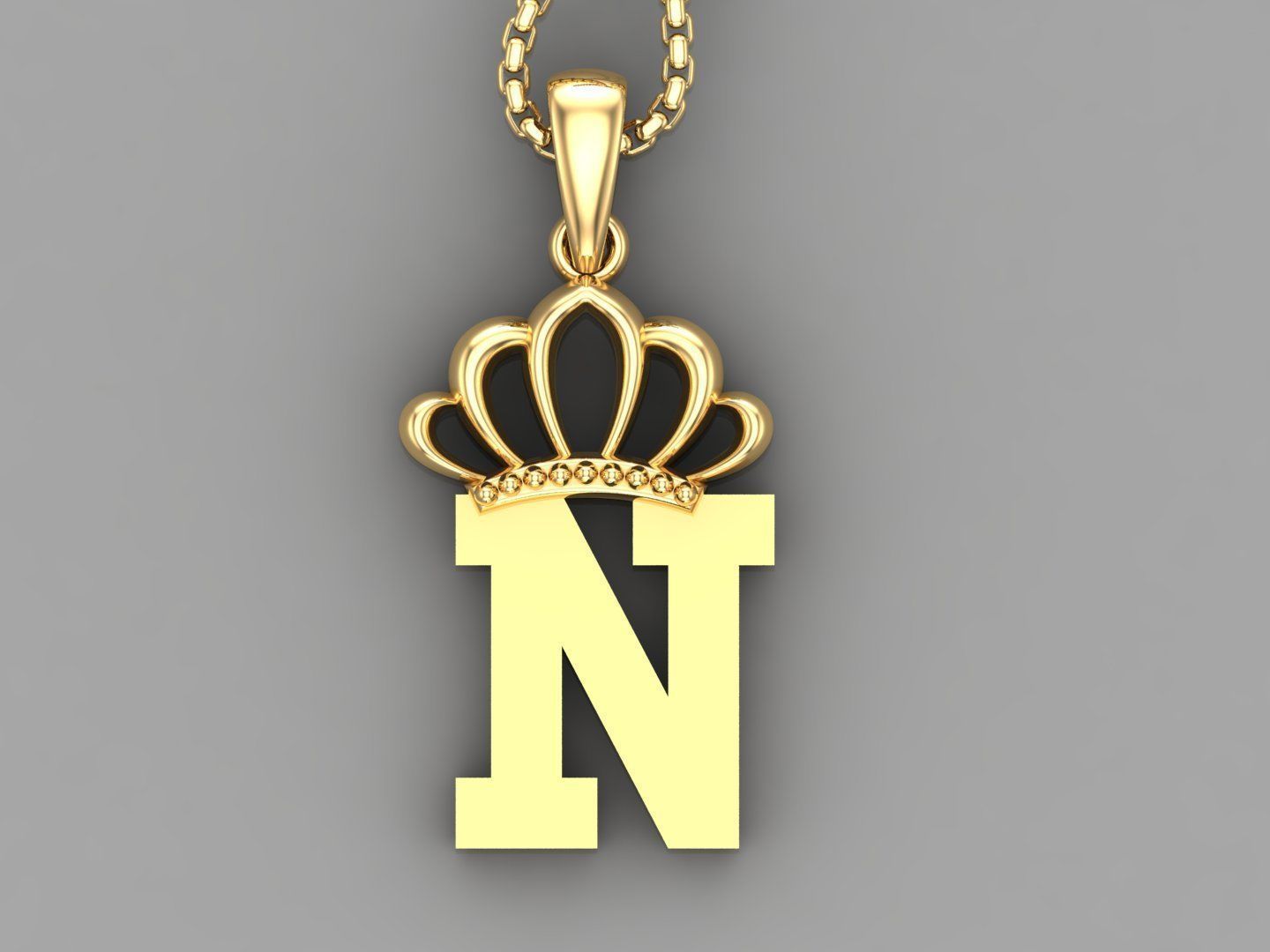 N Crown Letter Initial Pendant in 10kt Yellow Gold Cad Design 3D print model_4
