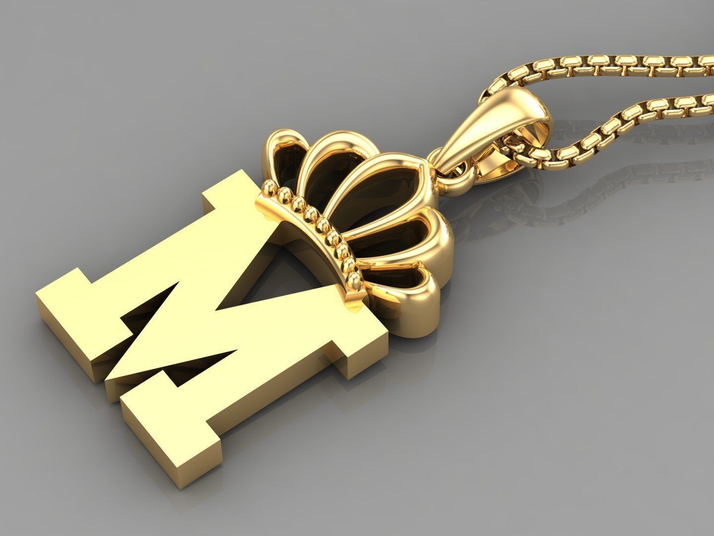 M Crown Letter Initial Pendant in 10kt Yellow Gold Cad Design 3D print model_3