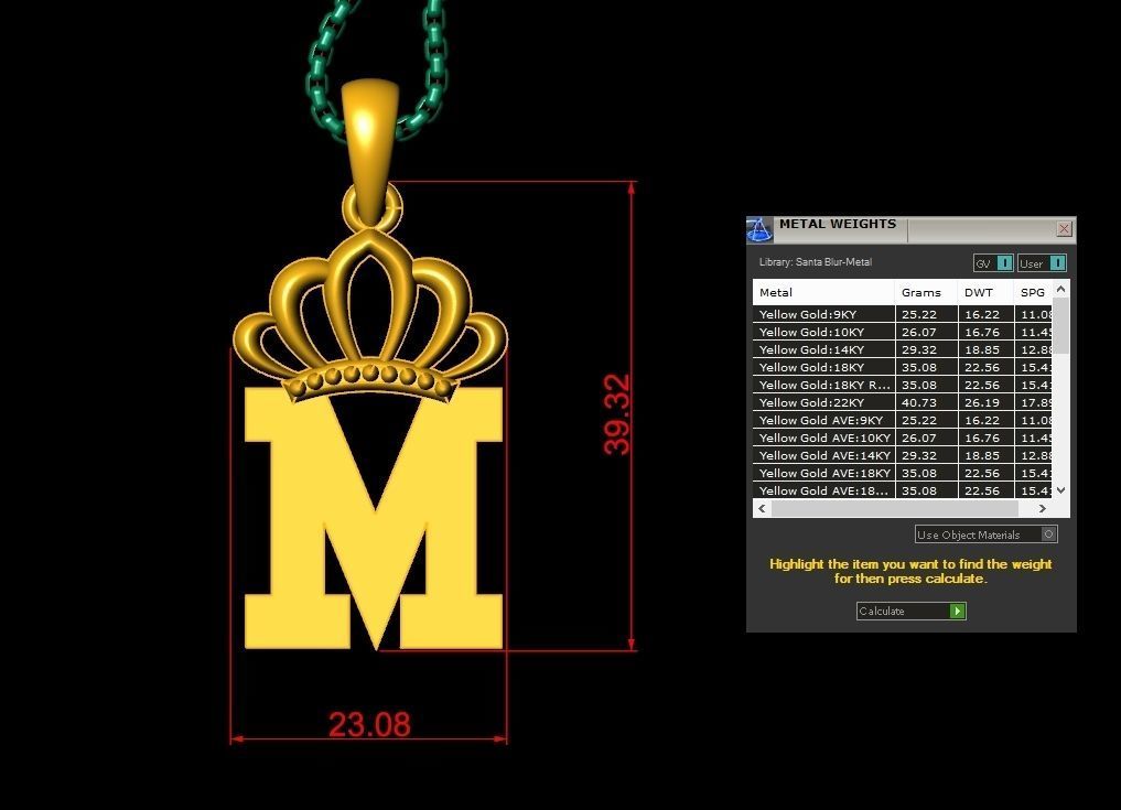 M Crown Letter Initial Pendant in 10kt Yellow Gold Cad Design 3D print model_1