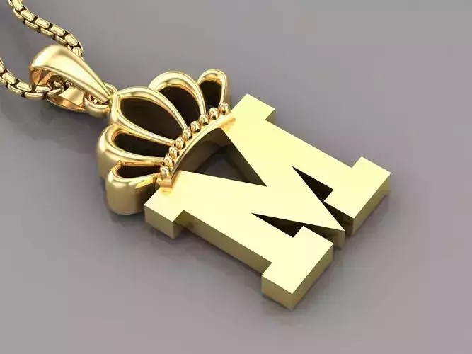 M Crown Letter Initial Pendant in 10kt Yellow Gold Cad Design 3D print model