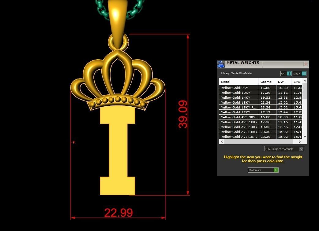 I Crown Letter Initial Pendant in 10kt Yellow Gold Cad Design 3D print model_1