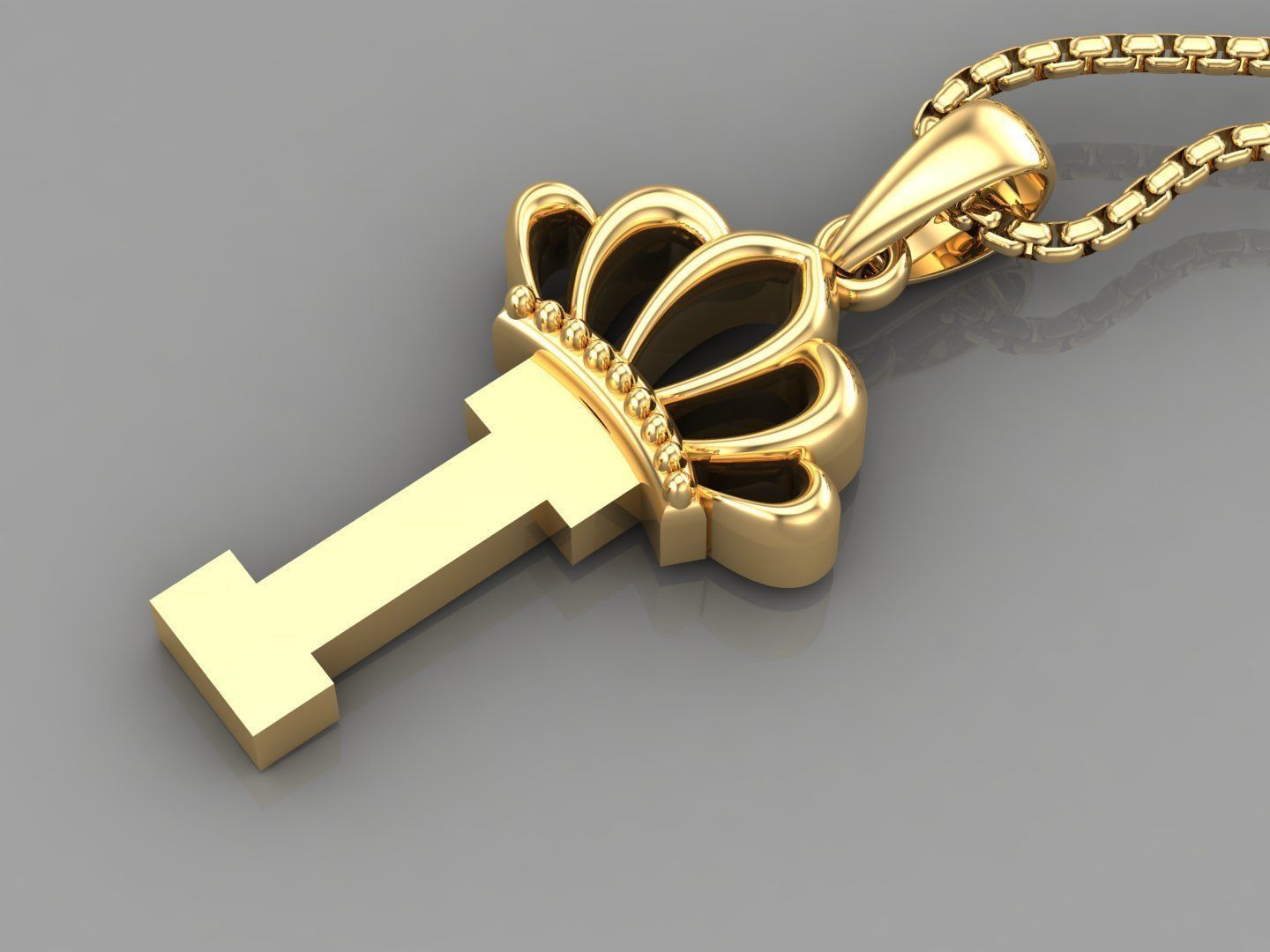I Crown Letter Initial Pendant in 10kt Yellow Gold Cad Design 3D print model_3