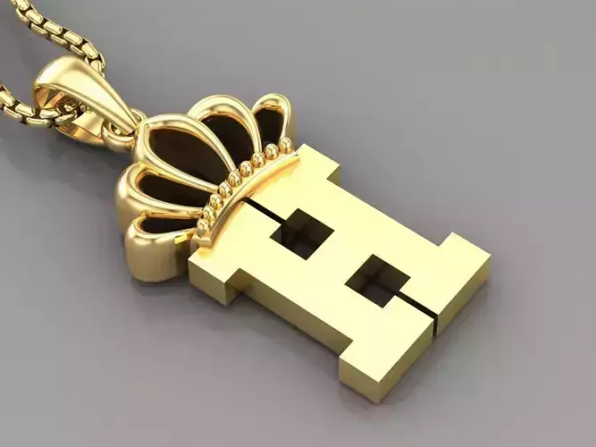 H Crown Letter Initial Pendant in 10kt Yellow Gold Cad Design 3D print model
