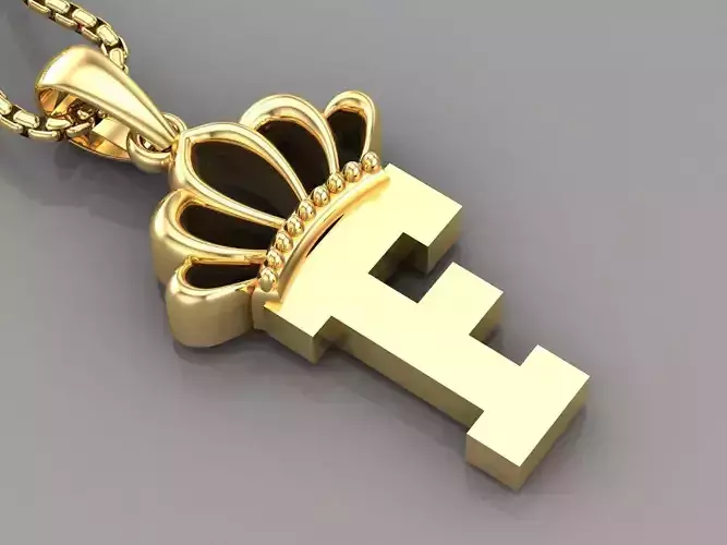 F Crown Letter Initial Pendant in 10kt Yellow Gold Cad Design 3D print model