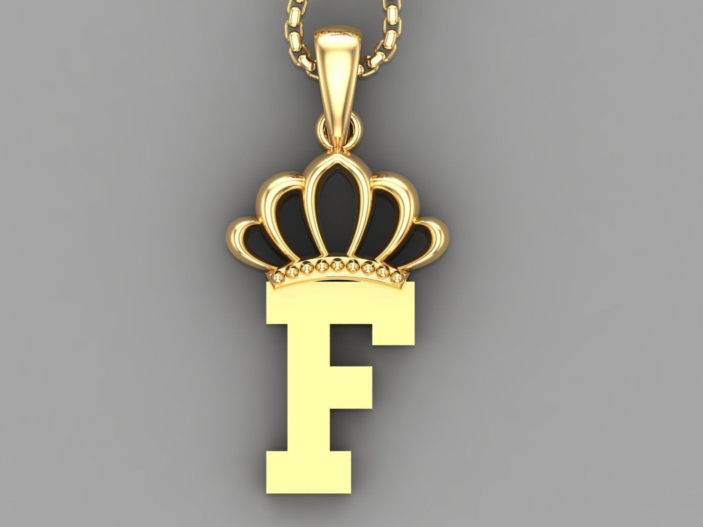 F Crown Letter Initial Pendant in 10kt Yellow Gold Cad Design 3D print model_4