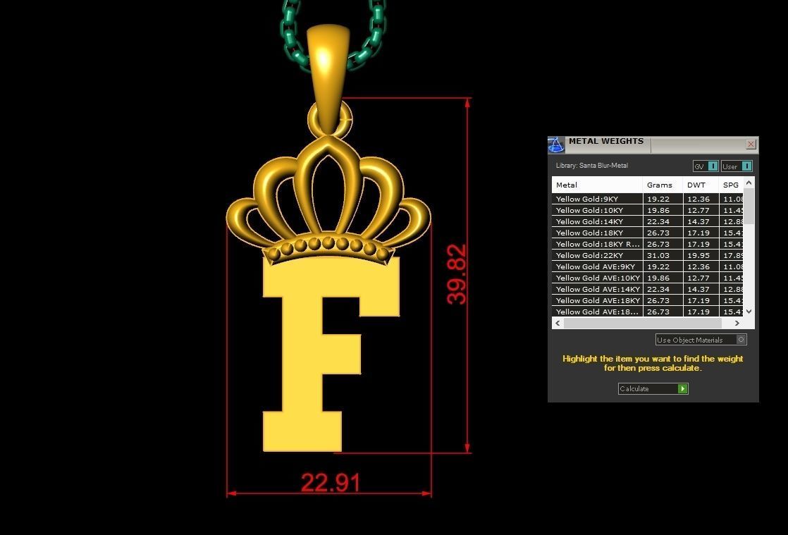 F Crown Letter Initial Pendant in 10kt Yellow Gold Cad Design 3D print model_1