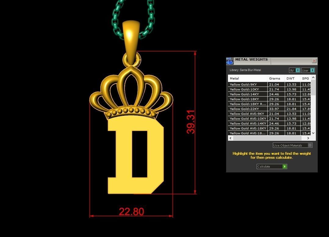 D Crown Letter Initial Pendant in 10kt Yellow Gold Cad Design 3D print model_1