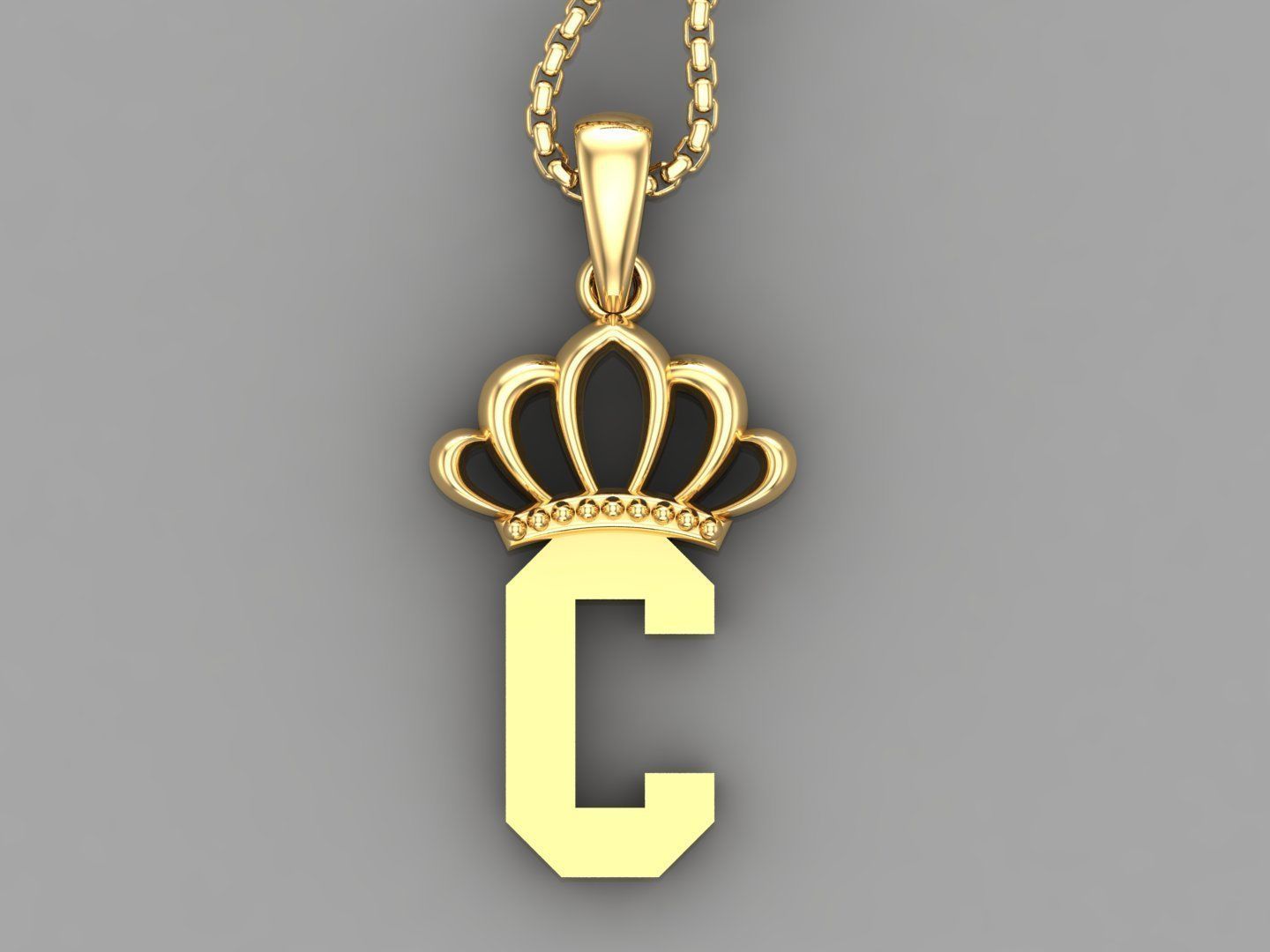 C Crown Letter Initial Pendant in 10kt Yellow Gold Cad Design 3D print model_4