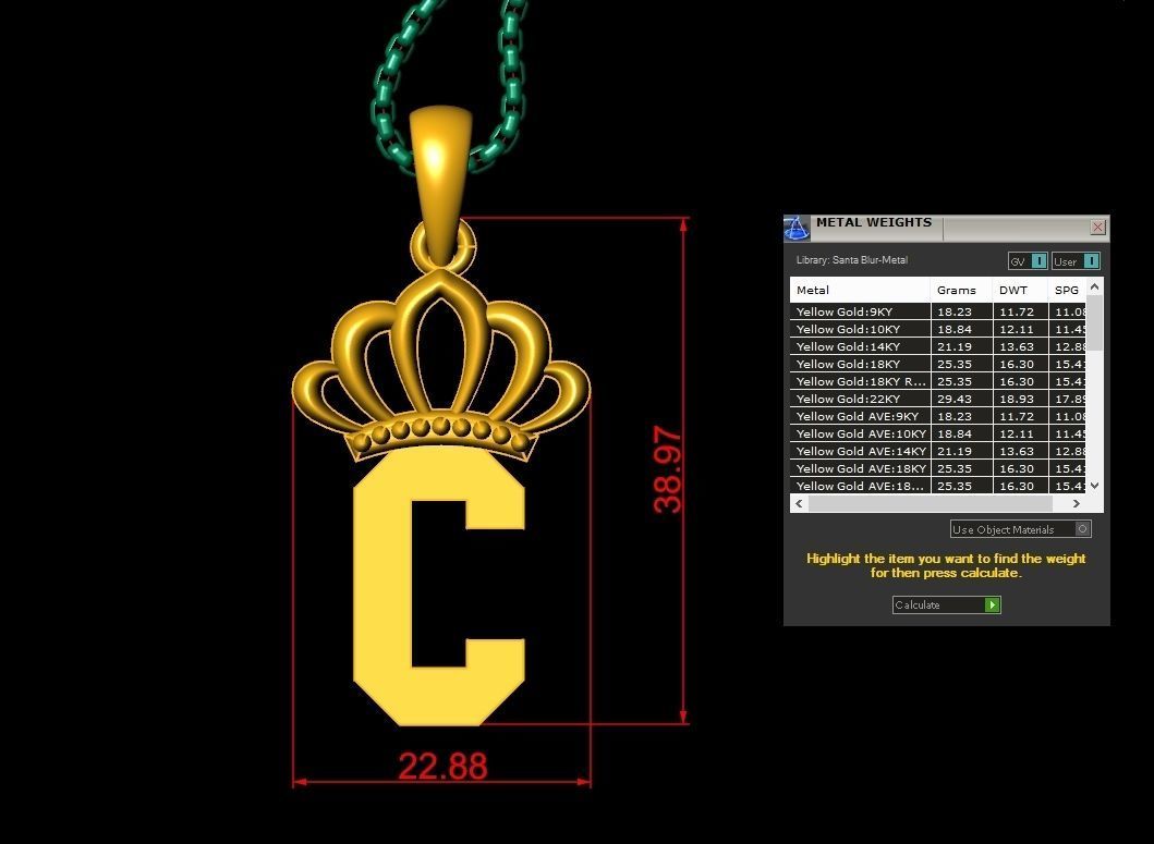 C Crown Letter Initial Pendant in 10kt Yellow Gold Cad Design 3D print model_1