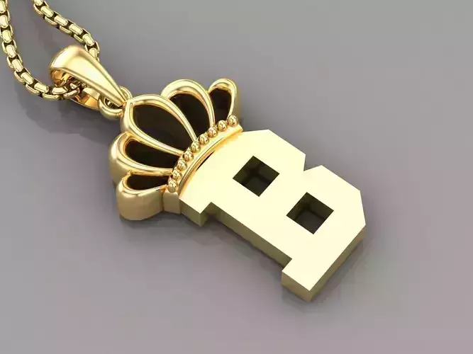 B Crown Letter Initial Pendant in 10kt Yellow Gold Cad Design 3D print model