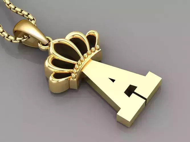 A Crown Letter Initial Pendant in 10kt Yellow Gold Cad Design 3D print model
