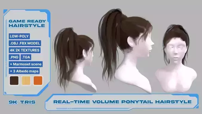 Realtime game ready women hairstyle ponytail wavy hair Low-poly 3D model