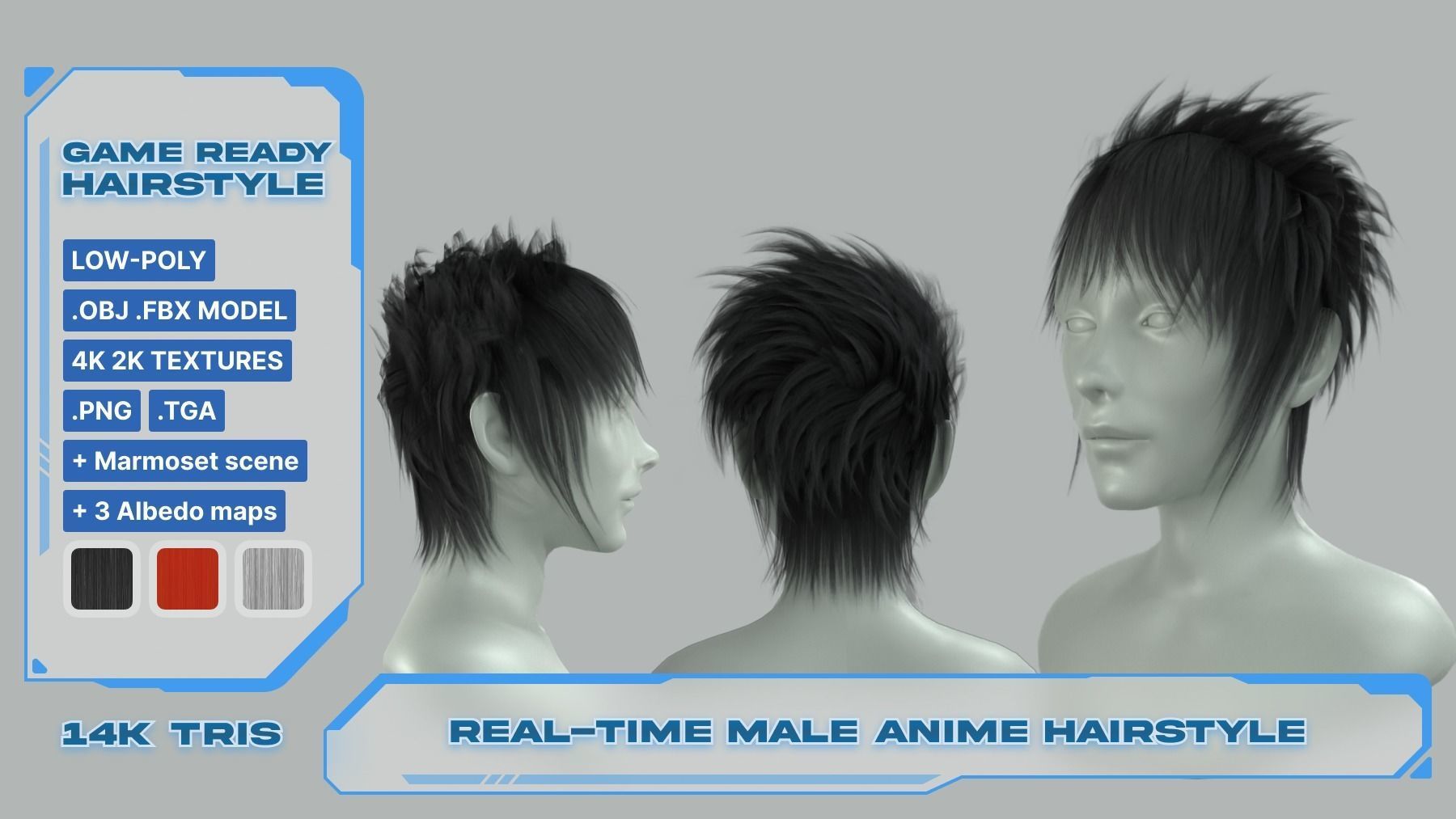 Realtime game ready men hairstyle anime male hair Low-poly 3D model_7