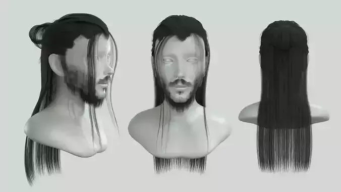 Realtime game ready men warrior hairstyle long male hair beard Low-poly 3D model