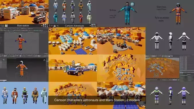 Cartoon characters astronauts and Mars Station