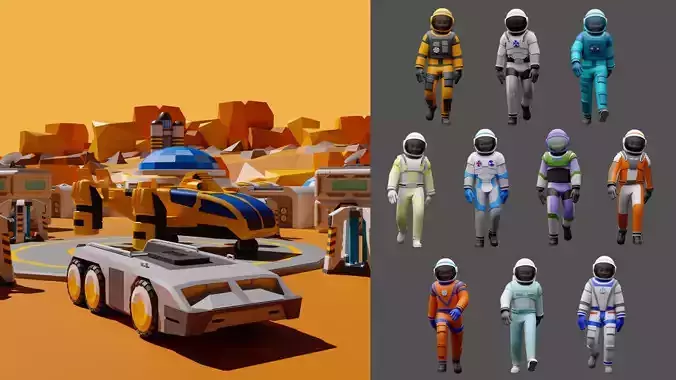 Cartoon characters astronauts and Mars Station 3D Model Collection