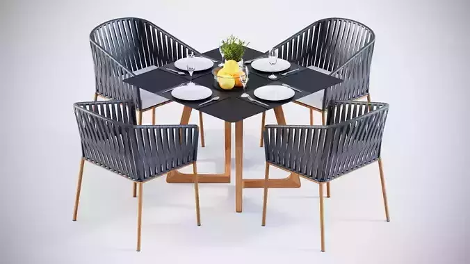 3D model Rectangle table with 4 rope chairs